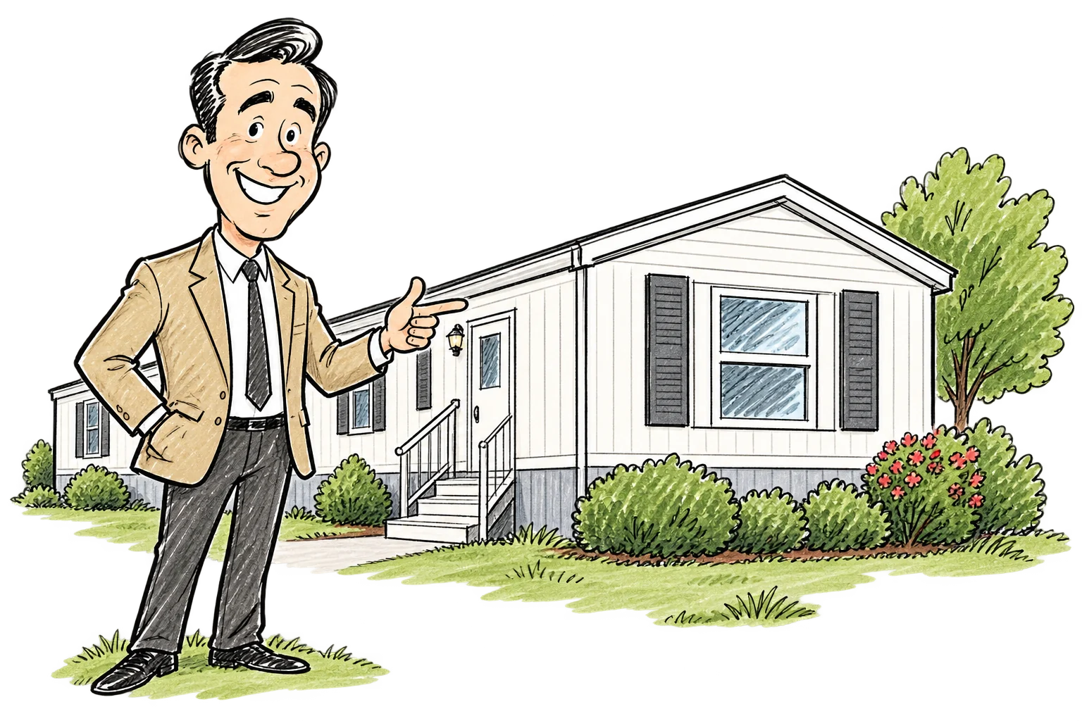 Cartoon illustration of a man beside a mobile home