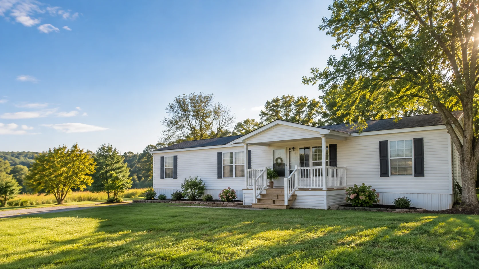 Illustrative photo of a well-kept mobile home with a porch and lawn
