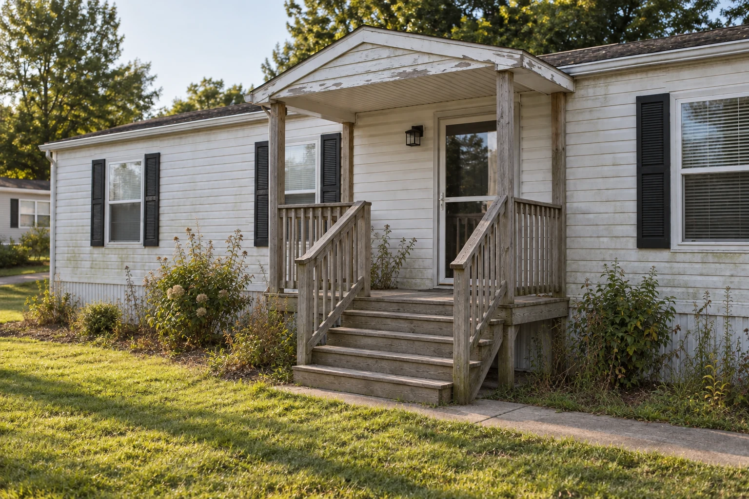 Illustrative weathered mobile home porch